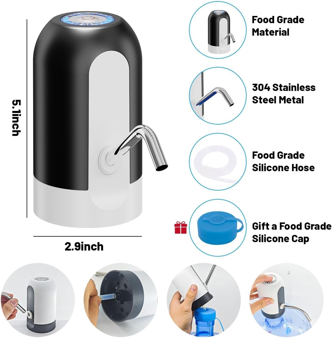 Myvision Water Dispenser for 5 Gallon Bottle,Portable USB Charging Electric Water Pump - Image 3