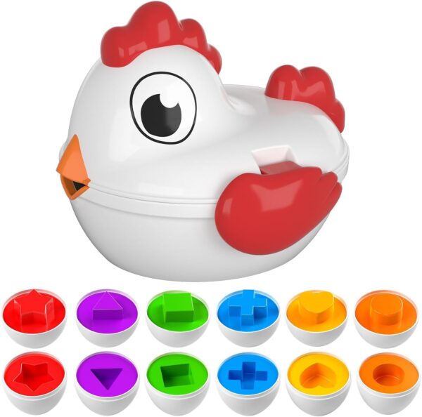 TEMI Toddler Chicken Easter Eggs Toys - Color Matched Game Shape Sorter with 6 Toy Eggs for Kids