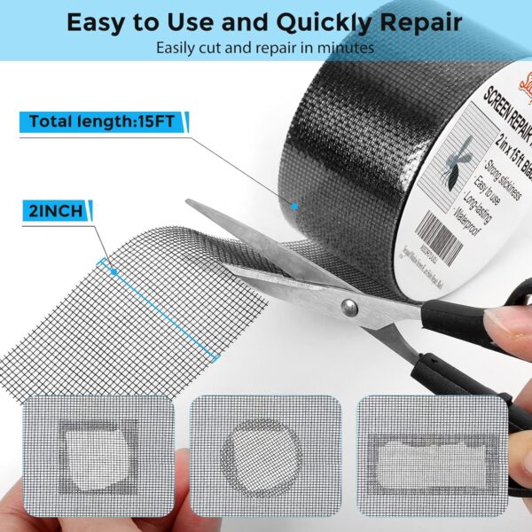 Black Window Screen Repair Tape, 2 in X 15 FT (180IN) Screen Repair Kit for Windows or Doors - Image 3