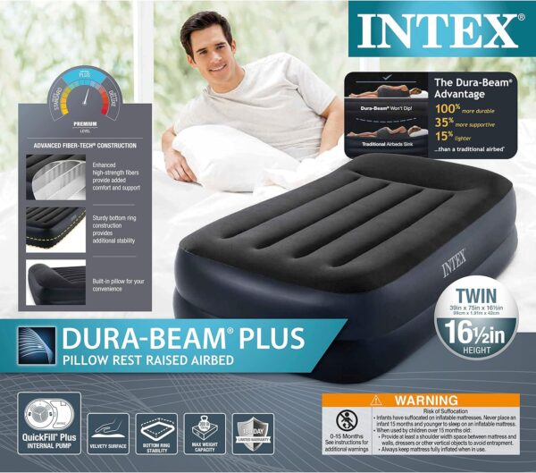 Intex Raised Airbed Mattress with Built-in Pump, Dura-Beam Plus Pillow, Twin - Image 3