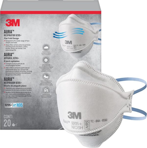 3M Aura Particulate N95 Respirator 9205+, Flat Fold Lightweight Design, Non-Valved, 20 Count