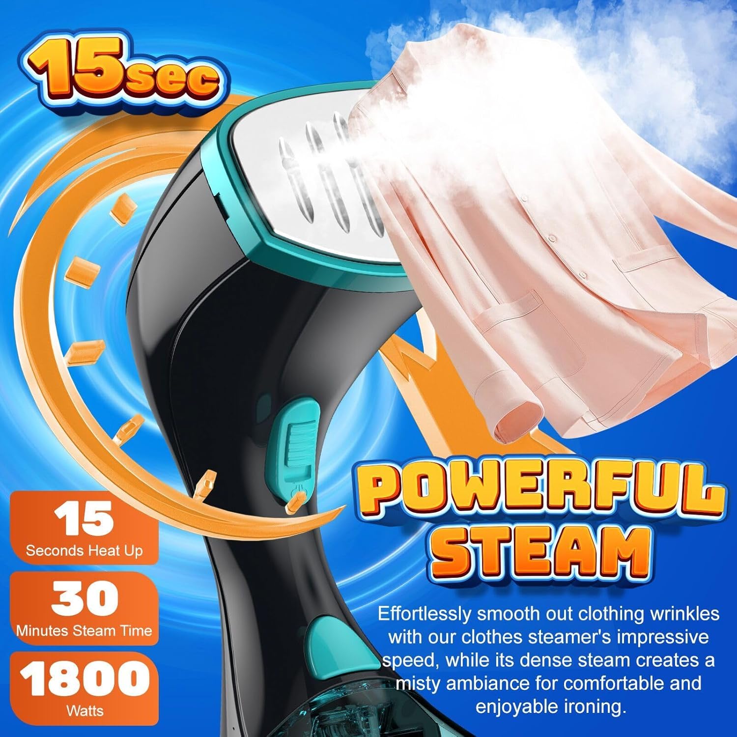 15s Fast Heat-Up and 1800W Powerful Steamer for Clothes with 3 Modes and 300ml Water Tank - Image 5