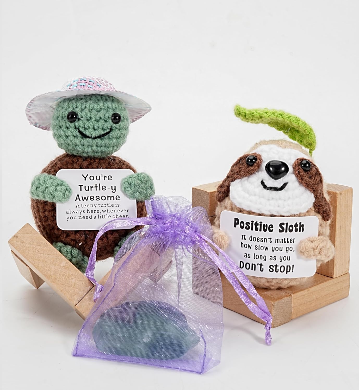 2 Pack Positive Crochet Animals, Emotional Support Decor with Inspirational Card Base